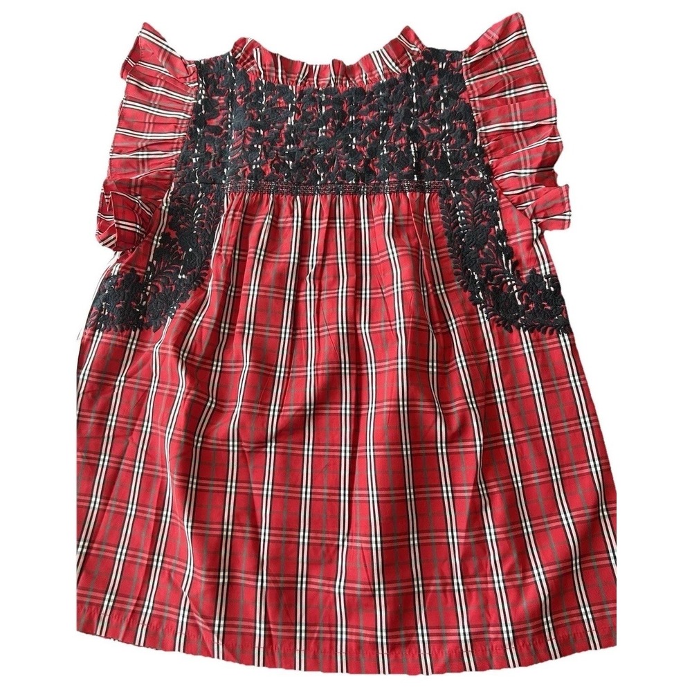 New J Marie Top Rayna Red Navy Plaid Ruffle Neck‎ Embroidered Blouse Large